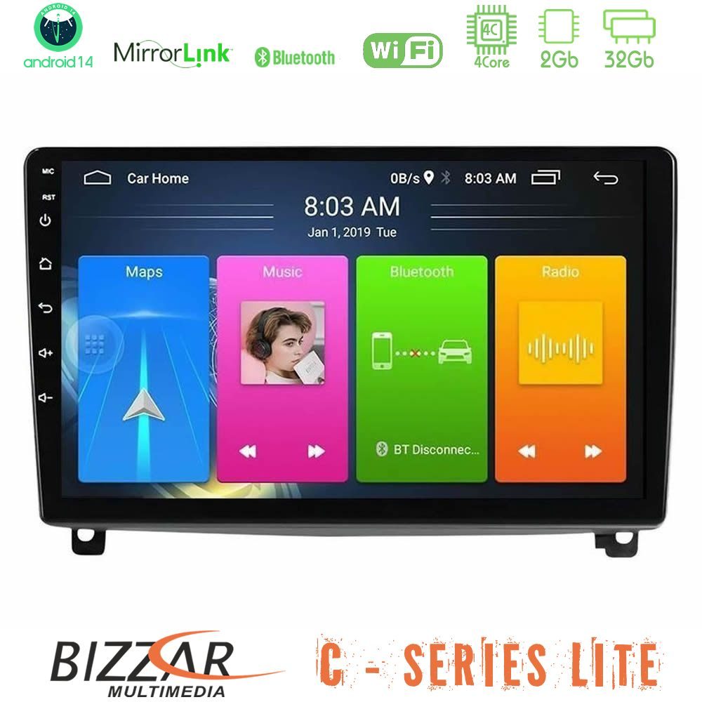 Bizzar C Series Lite 4Core Android14 2+32GB Peugeot 407 Navigation Multimedia Tablet 9"