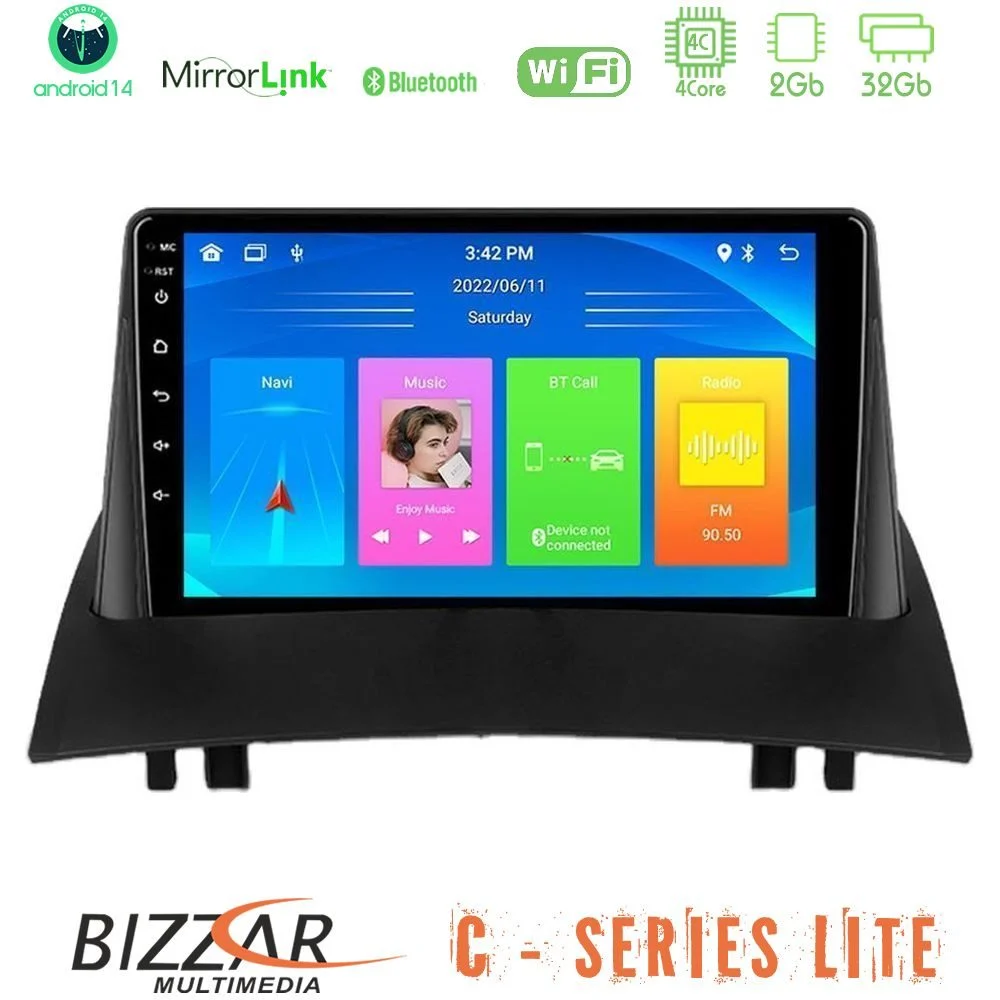 Bizzar C Series Lite 4Core Android14 2+32GB Renault Megane 2 2002-2008 Navigation Multimedia Tablet 9"