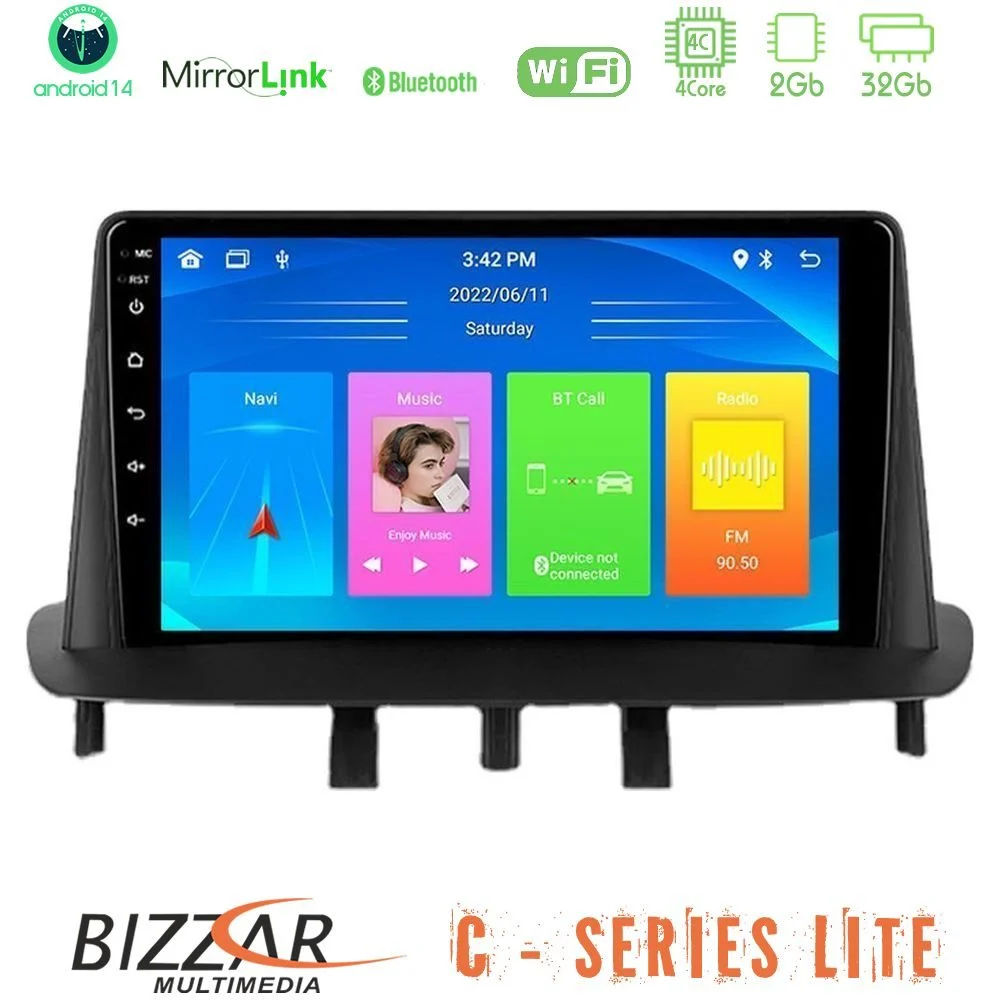 Bizzar C Series Lite 4Core Android14 2+32GB Renault Megane 3 2009-2013 Navigation Multimedia Tablet 9"