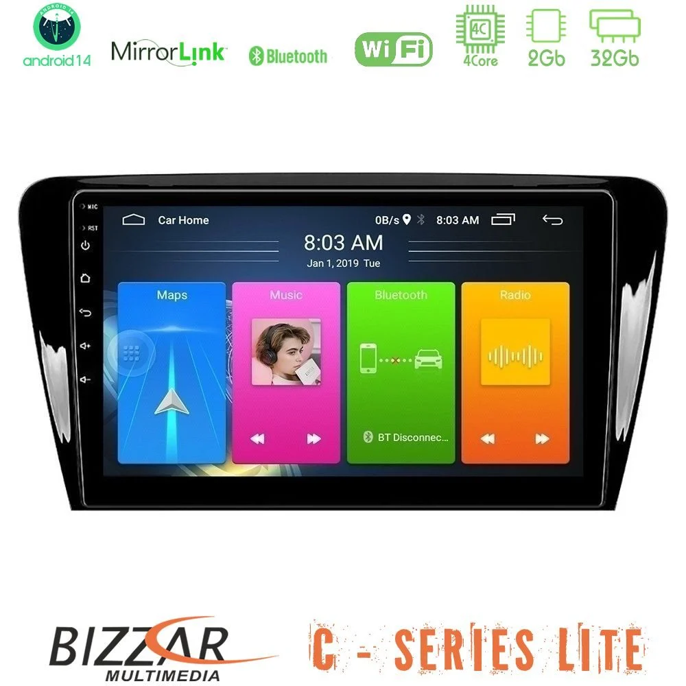 Bizzar C Series Lite 4Core Android14 2+32GB  Skoda Octavia 7 Navigation Multimedia Tablet 10"