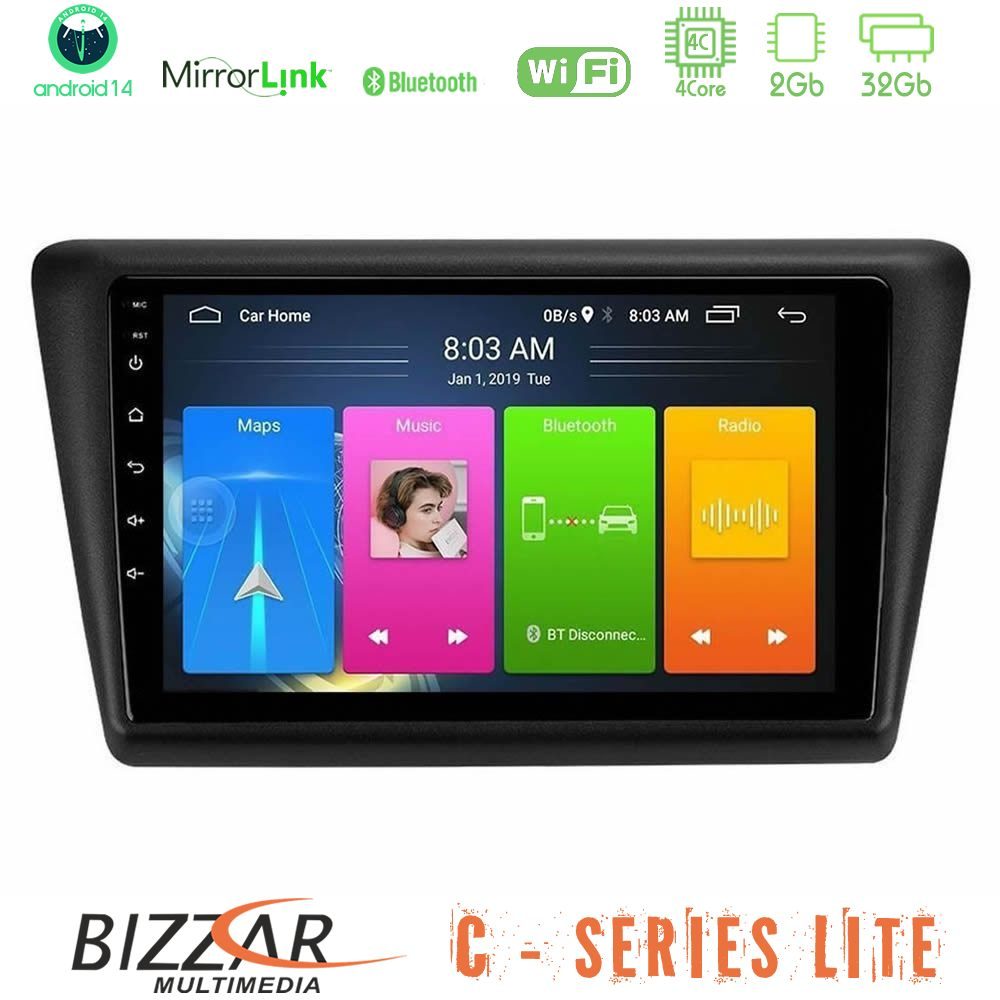 Bizzar C Series Lite 4Core Android14 2+32GB Skoda Rapid 2013-2017 Navigation Multimedia Tablet 9"