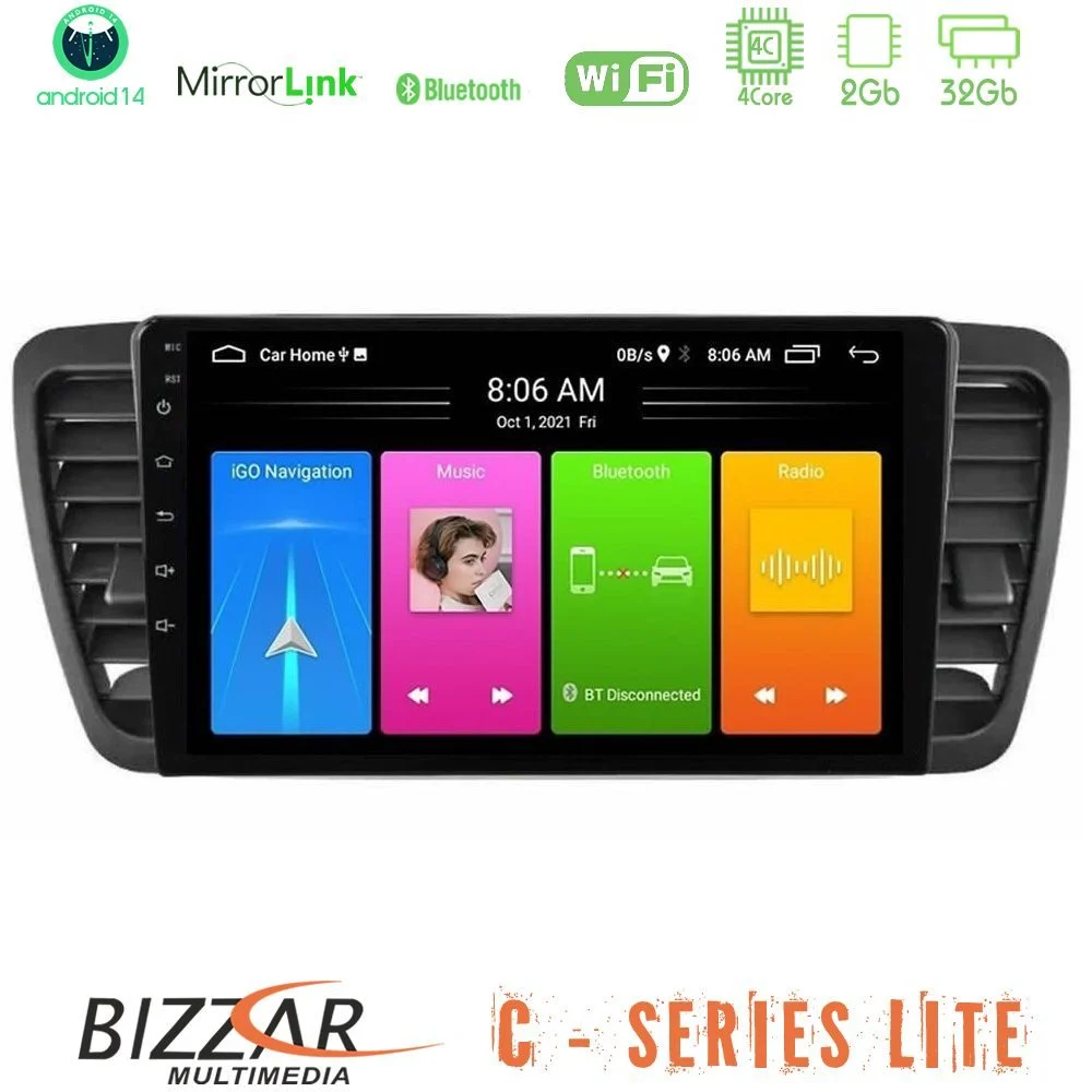 Bizzar C Series Lite 4Core Android14 2+32GB Subaru Legacy/Outback 2002-2008 Navigation Multimedia Tablet 9"