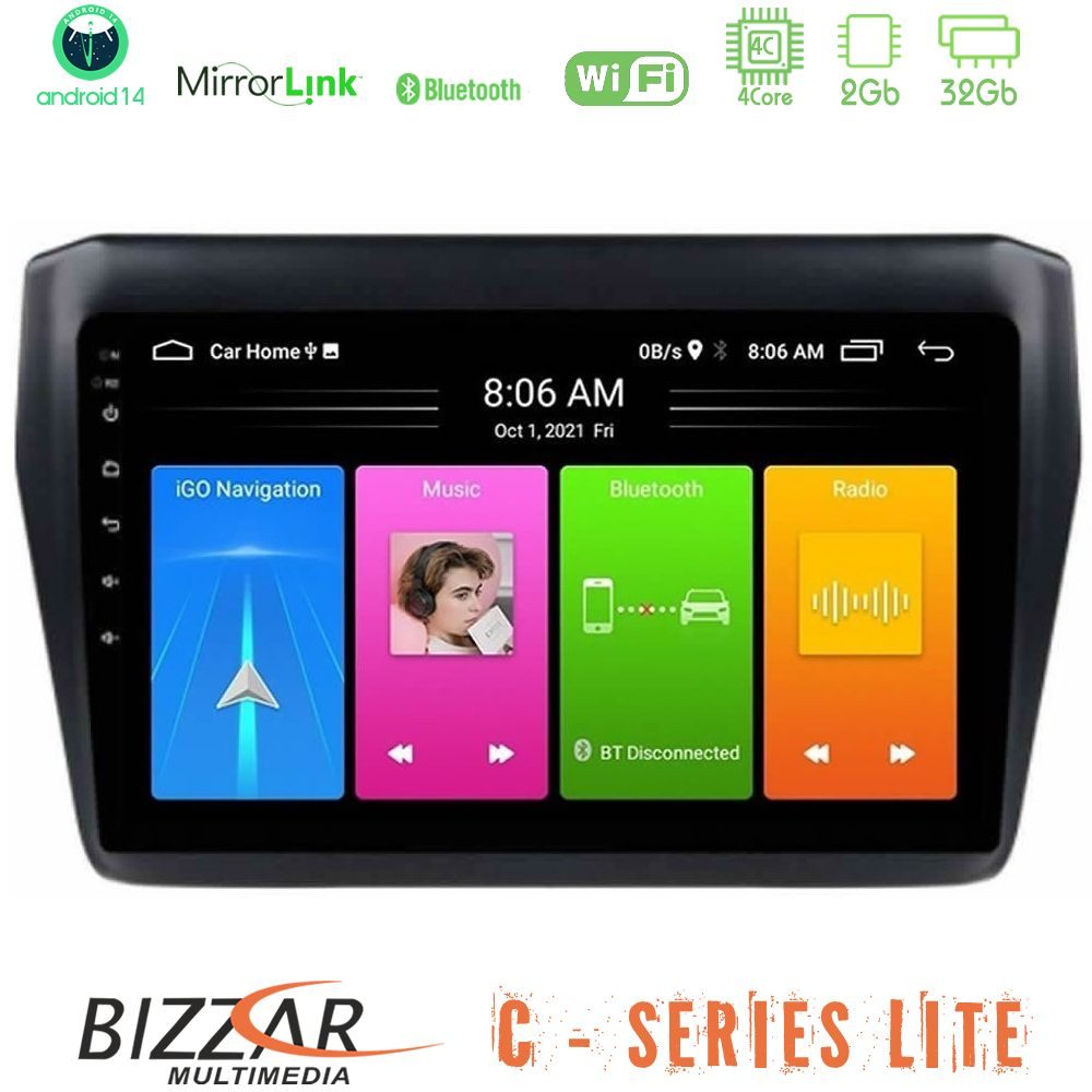 Bizzar C Series Lite 4Core Android14 2+32GB Suzuki Swift 2017-2023 Navigation Multimedia Tablet 9"