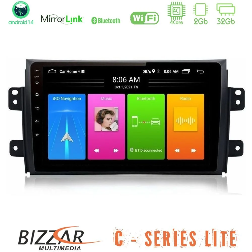 Bizzar C Series Lite 4Core Android14 2+32GB Suzuki SX4 2006-2014 Fiat Sedici 2006-2014 Navigation Multimedia Tablet 9"