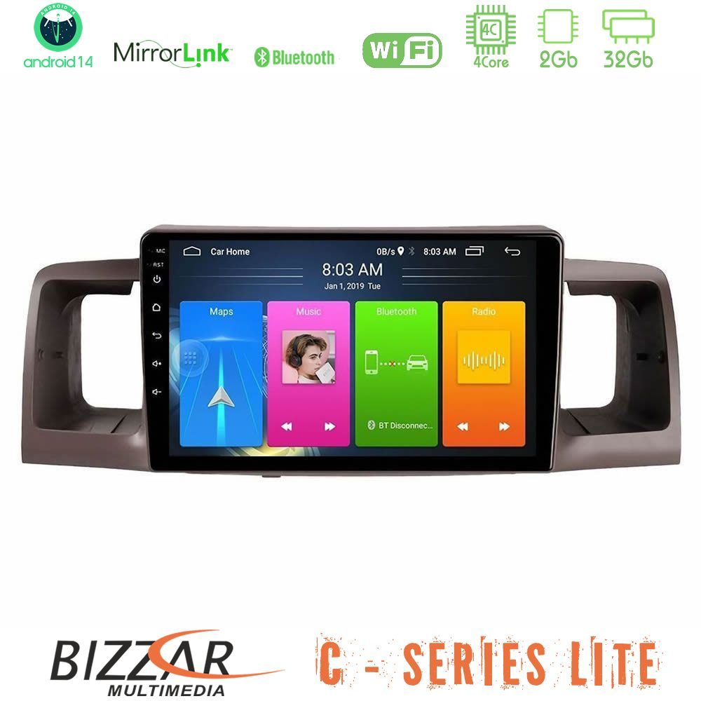 Bizzar C Series Lite 4Core Android14 2+32GB Toyota Corolla 2002-2006 Navigation Multimedia Tablet 9"