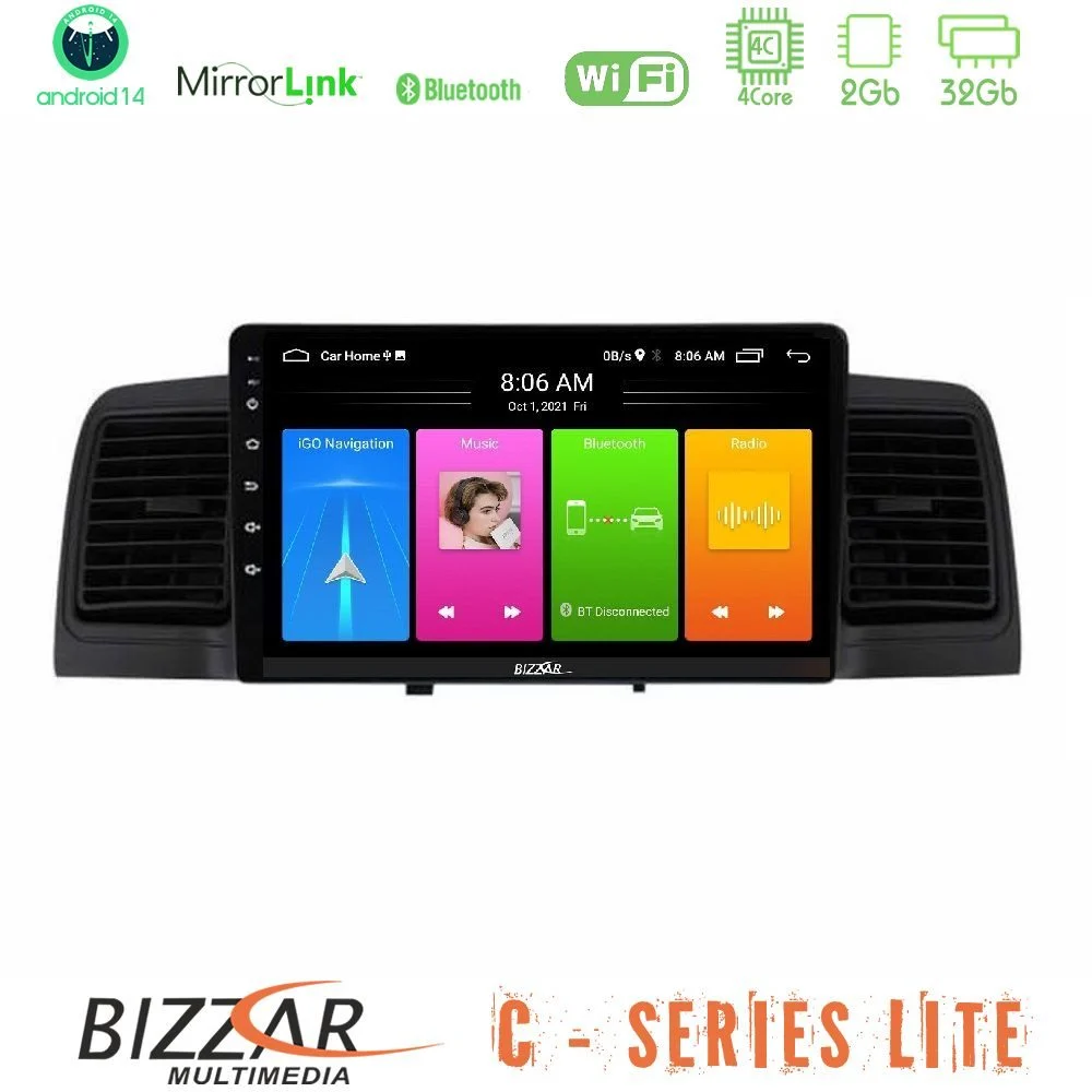 Bizzar C Series Lite 4Core Android14 2+32GB Toyota Corolla 2002-2006 Navigation Multimedia Tablet 9" (Black)