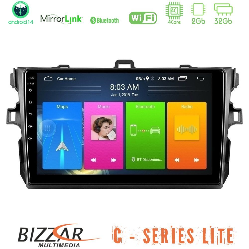 Bizzar C Series Lite 4Core Android14 2+32GB Toyota Corolla 2007-2012 Navigation Multimedia Tablet 9"