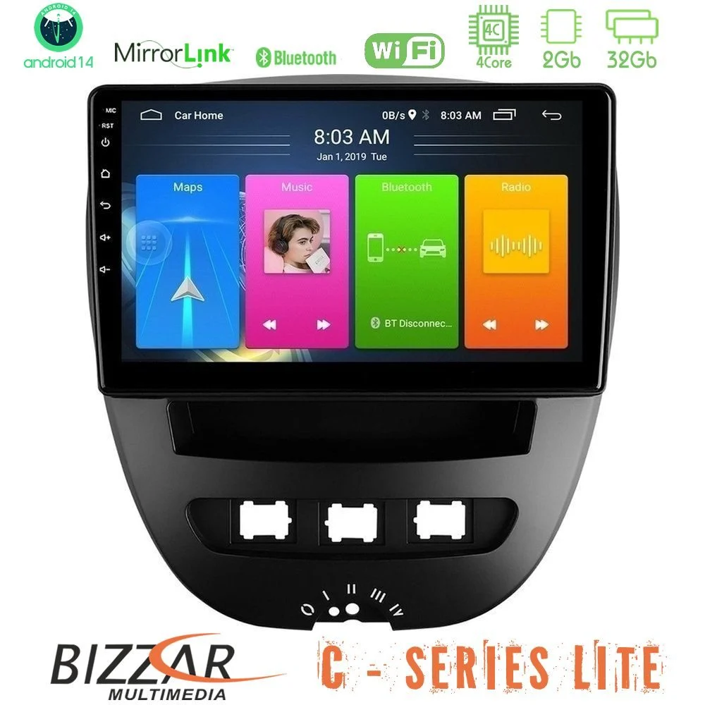 Bizzar C Series Lite 4Core Android14 2+32GB Toyota Aygo/Citroen C1/Peugeot 107 Navigation Multimedia Tablet 10"
