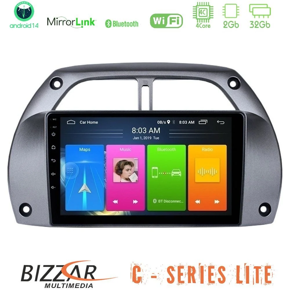 Bizzar C Series Lite 4Core Android14 2+32GB  Toyota RAV4 2001 - 2006 Navigation Multimedia Tablet 9"