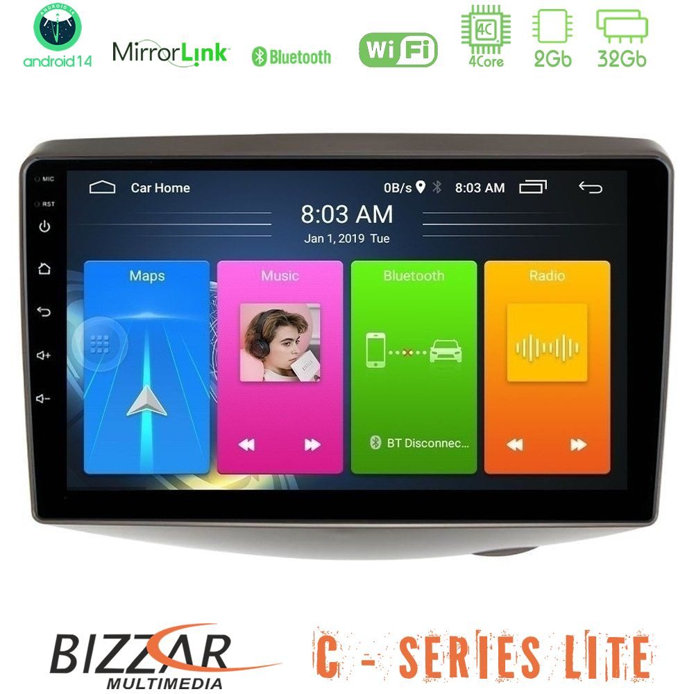 Bizzar C Series Lite 4Core Android14 2+32GB  Toyota Yaris 1999 - 2006 Navigation Multimedia Tablet 9"