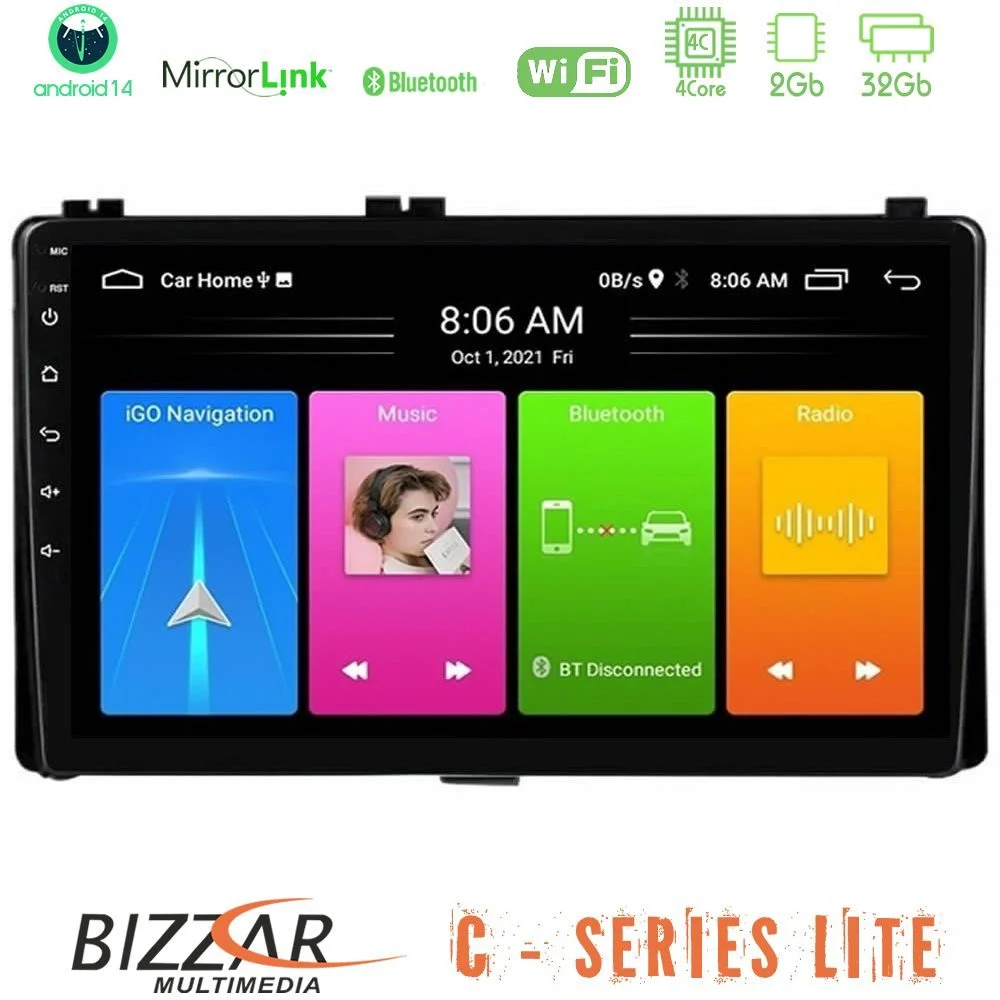 Bizzar C Series Lite 4Core Android14 2+32GB Toyota Corolla/Auris 2017-2019 Navigat-ion Multimedia Tablet 9"