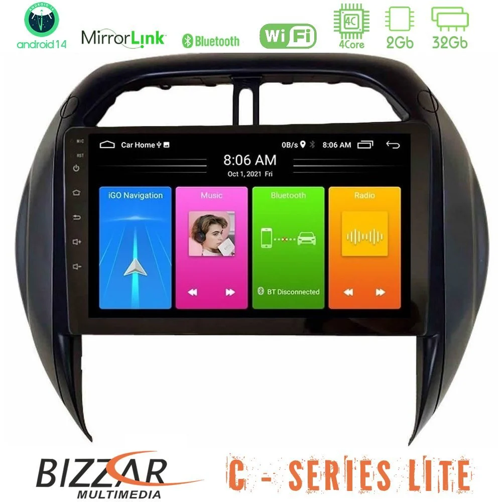 Bizzar C Series Lite 4Core Android14 2+32GB  Toyota RAV4 2001-2005 (Auto A/C) Navigation Multimedia Tablet 9"