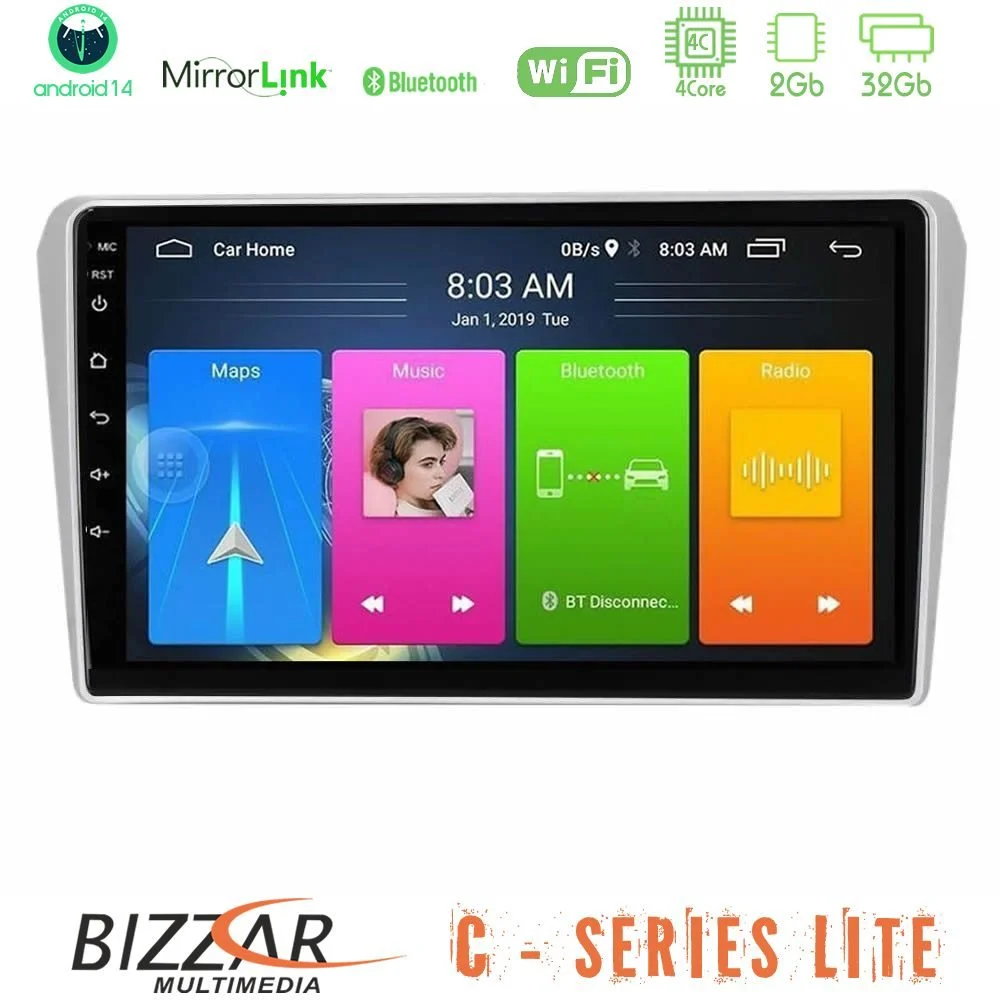 Bizzar C Series Lite 4Core Android14 2+32GB  Toyota Avensis T25 02/2003–2008 Navigation Multimedia Tablet 9"
