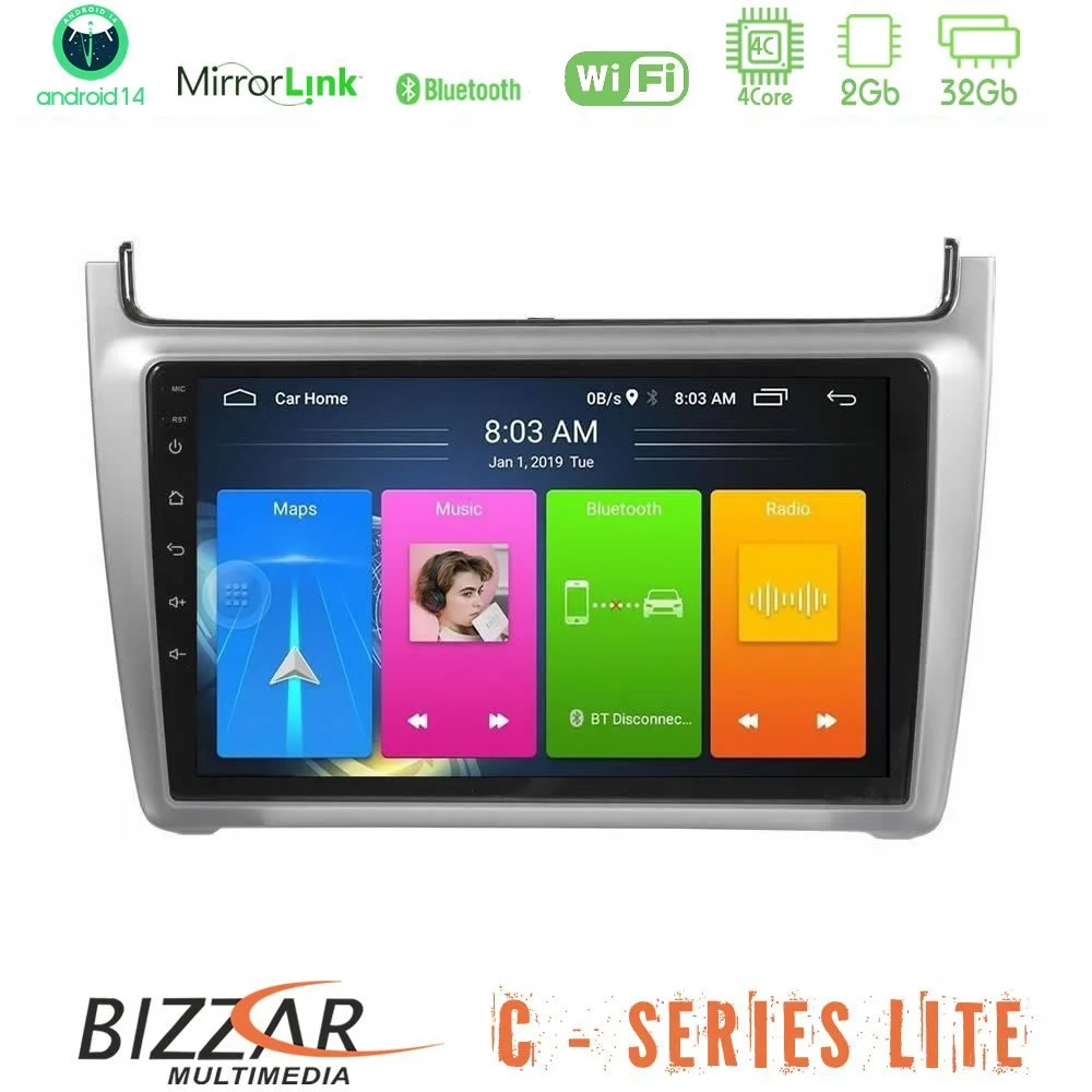 Bizzar C Series Lite 4Core Android14 2+32GB Vw Polo 2014-2017 Navigation Multimedia Tablet 9" (Silver)