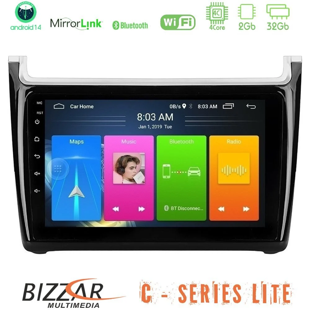 Bizzar C Series Lite 4Core Android14 2+32GB Vw Polo Navigation Multimedia Tablet 9"