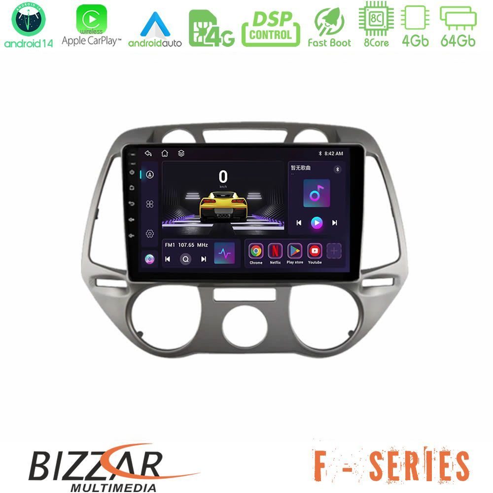 Bizzar F Series 8Core Android14 4+64GB Hyundai i20 2009-2012 Manual A/C Navigation Multimedia Tablet 9" Με Carplay & Android Auto