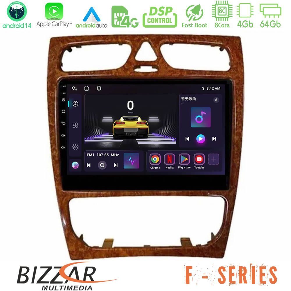 Bizzar F Series 8Core Android14 4+64GB  Mercedes C Class (W203) Navigation Multimedia Tablet 9" (Wooden Style) Με Carplay & Android Auto