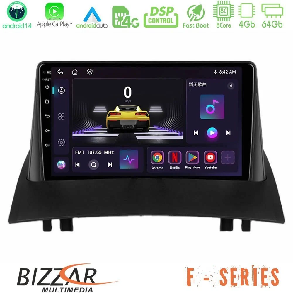 Bizzar F Series 8Core Android14 4+64GB Renault Megane 2 2002-2008 Navigation Multimedia Tablet 9" Με Carplay & Android Auto