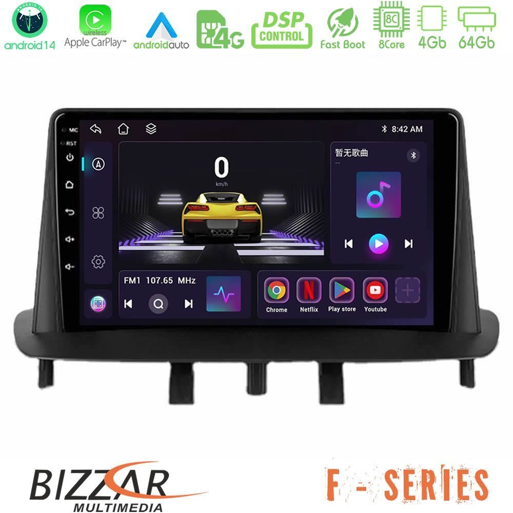 Bizzar F Series 8Core Android14 4+64GB Renault Megane 3 2009-2013 Navigation Multimedia Tablet 9" Με Carplay & Android Auto