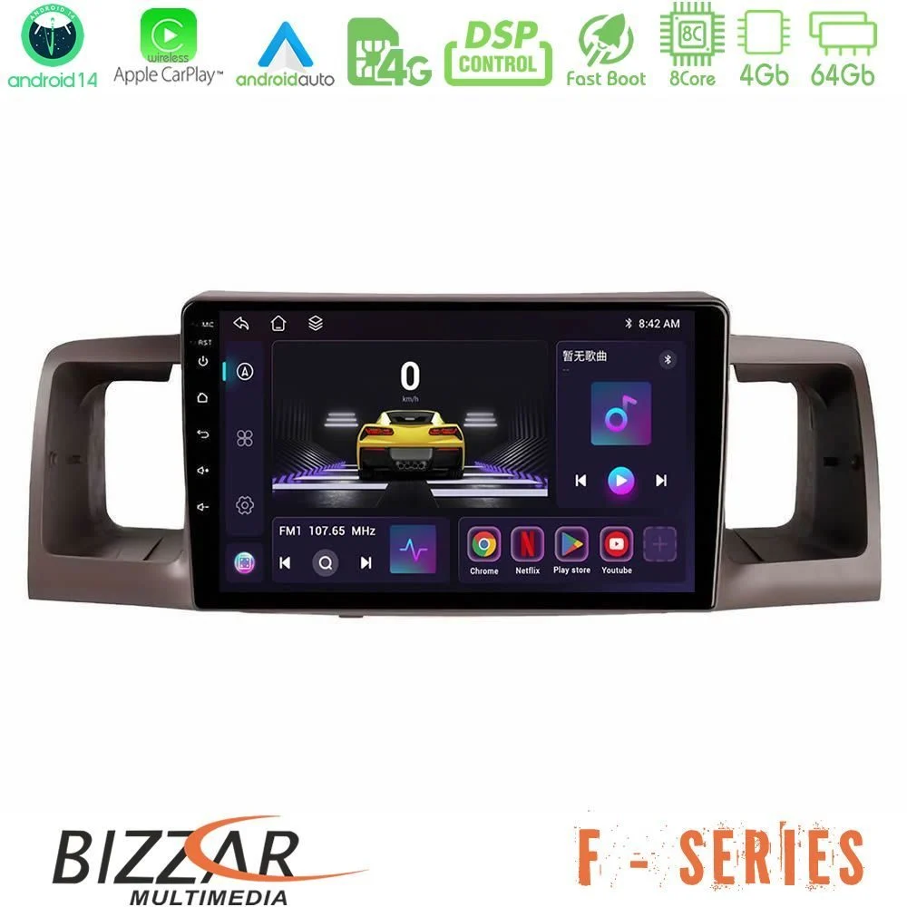 Bizzar F Series 8Core Android14 4+64GB Toyota Corolla 2002-2006 Navigation Multimedia Tablet 9" Με Carplay & Android Auto