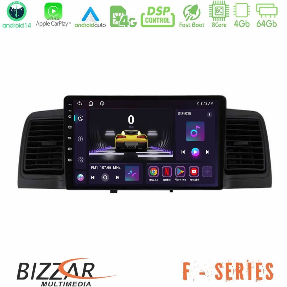 Bizzar F Series 8Core Android14 4+64GB  Toyota Corolla 2002-2006 Navigation Multimedia Tablet 9" Με Carplay & Android Auto (Black)