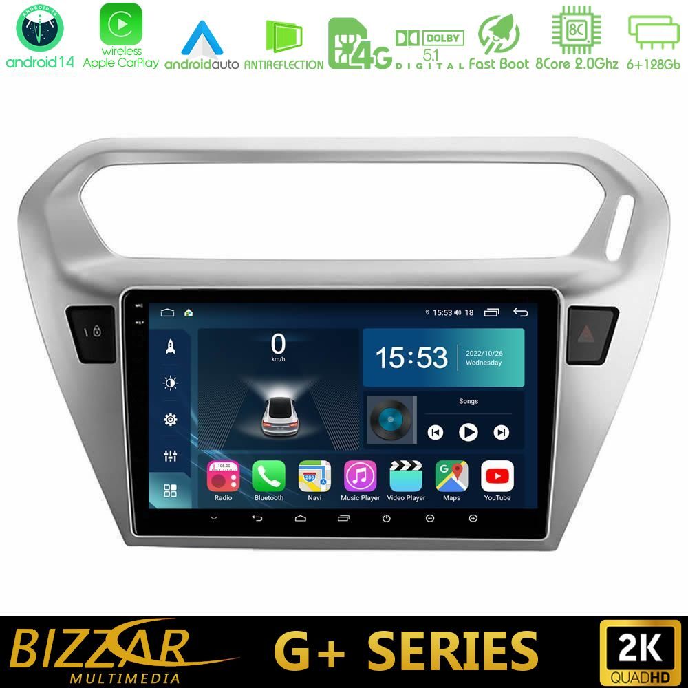 Bizzar G+ Series Citroen C-Elysee / Peugeot 301 8Core Android14 6+128GB Navigation Multimedia Tablet 9"