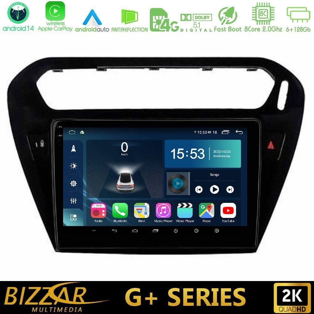 Bizzar G+ Series Citroen C-Elysee / Peugeot 301 8core Android14 6+128GB Navigation Multimedia Tablet 9"