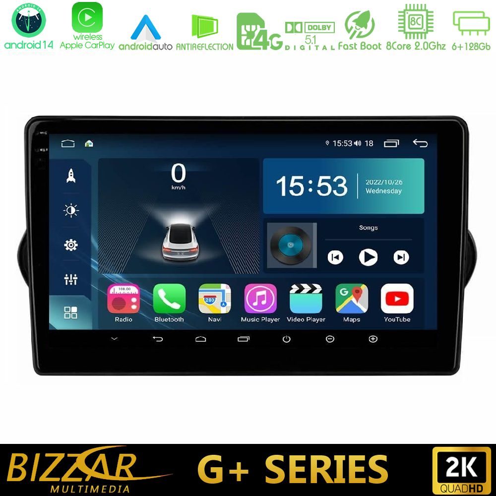 Bizzar G+ Series Fiat Tipo 2015-2022 (Sedan) 8core Android14 6+128GB Navigation Multimedia Tablet 9"