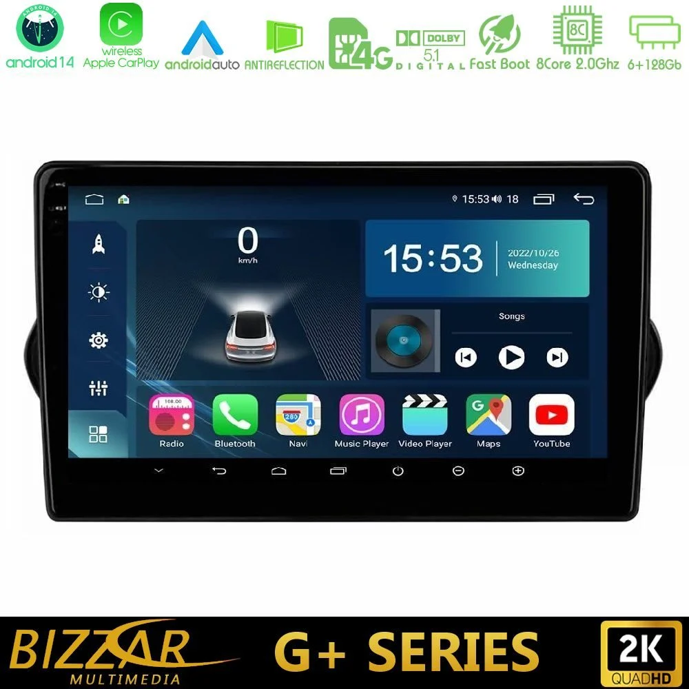 Bizzar G+ Series Fiat Tipo 2015-2022 (Hatchback) 8core Android14 6+128GB Navigation Multimedia Tablet 9"