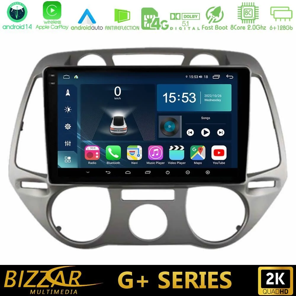Bizzar G+ Series Hyundai i20 2009-2012 Manual A/C 8core Android14 6+128GB Navigation Multimedia Tablet 9"