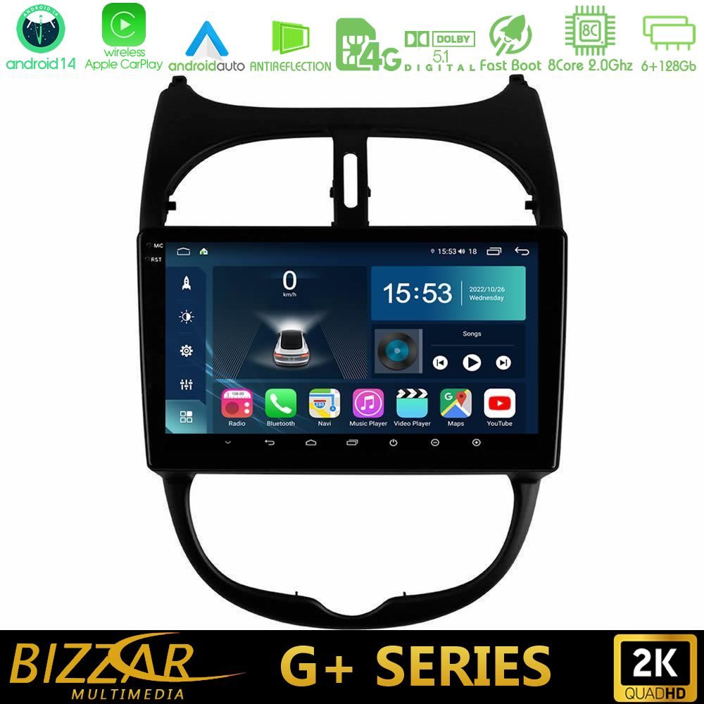 Bizzar G+ Series Peugeot 206 8core Android14 6+128GB Navigation Multimedia Tablet 9"