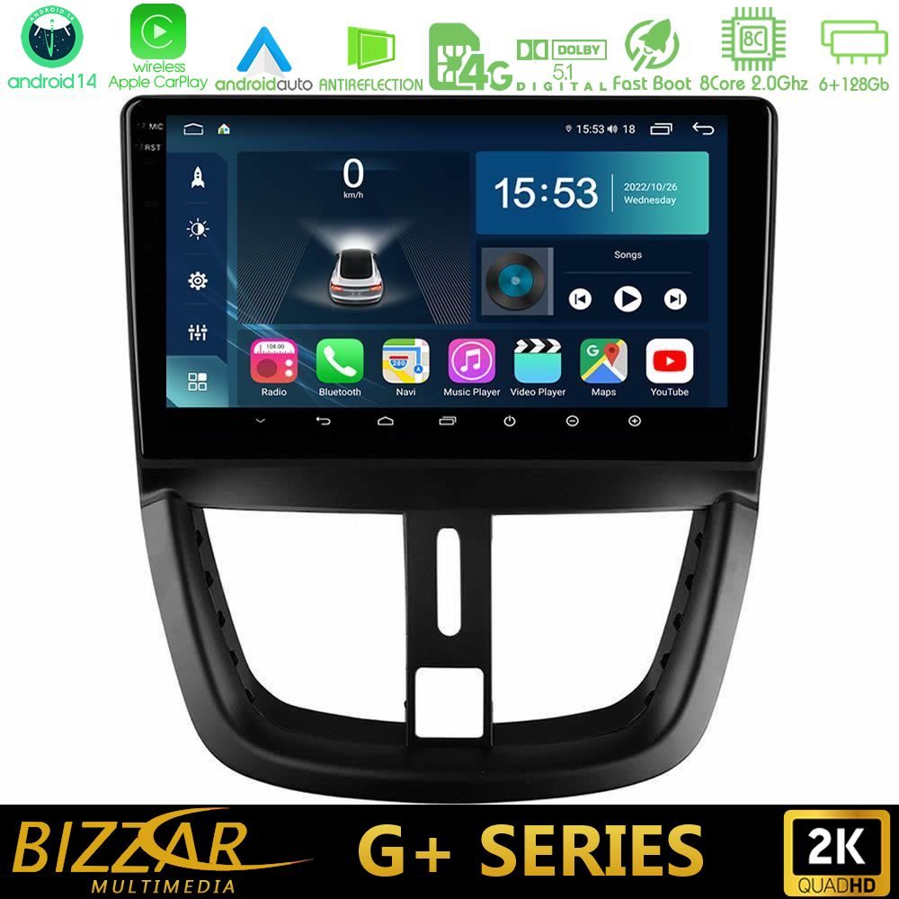 Bizzar G+ Series Peugeot 207 8core Android14 6+128GB Navigation Multimedia Tablet 9"