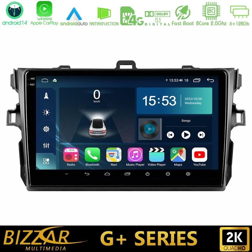 Bizzar G+ Series Toyota Corolla 2007-2012 8core Android14 6+128GB Navigation Multimedia Tablet 9"