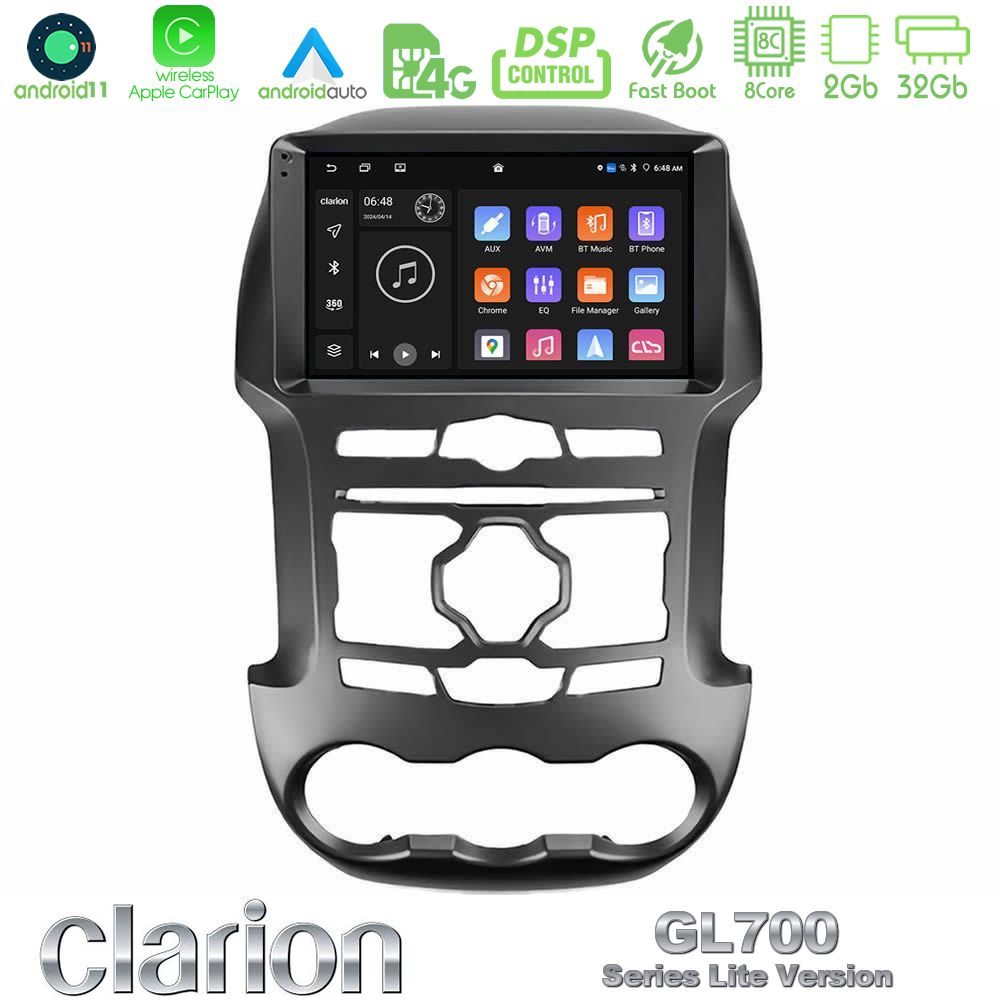 Clarion GL700 Lite Series 8Core Android11 2+32GB Ford Ranger 2012-2016 Navigation Multimedia Tablet 9" Με Carplay & Android Auto