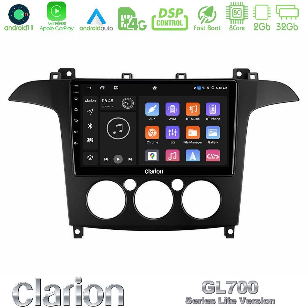 Clarion GL700 Lite Series 8Core Android11 2+32GB Ford S-Max 2006-2008 (manual A/C) Navigation Multimedia Tablet 9" Με Carplay & Android Auto
