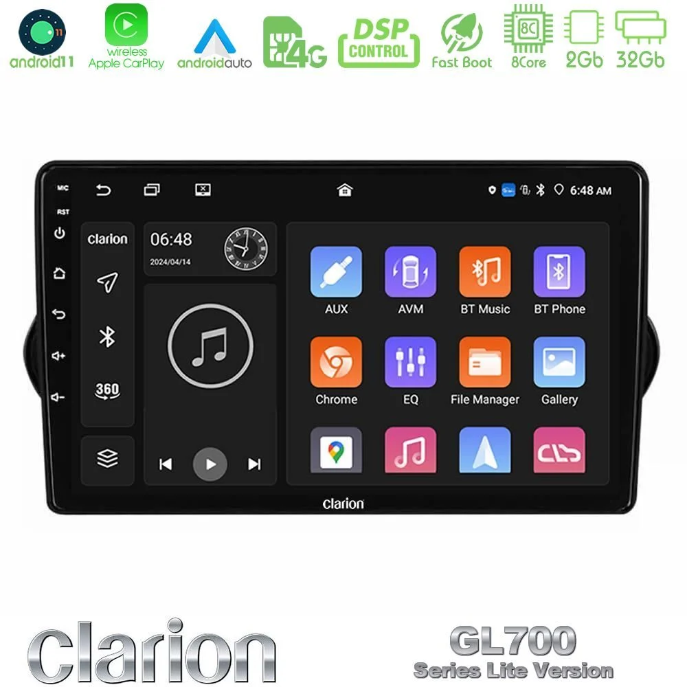 Clarion GL700 Lite Series 8Core Android11 2+32GB Fiat Tipo 2015-2022 (Hatchback) Navigation Multimedia Tablet 9" Με Carplay & Android Auto