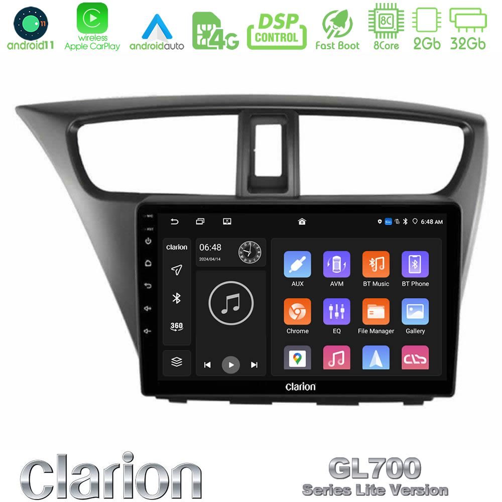 Clarion GL700 Lite Series 8Core Android11 2+32GB Honda Civic Hatchback 2012-2015 Navigation Multimedia Tablet 9" Με Carplay & Android Auto
