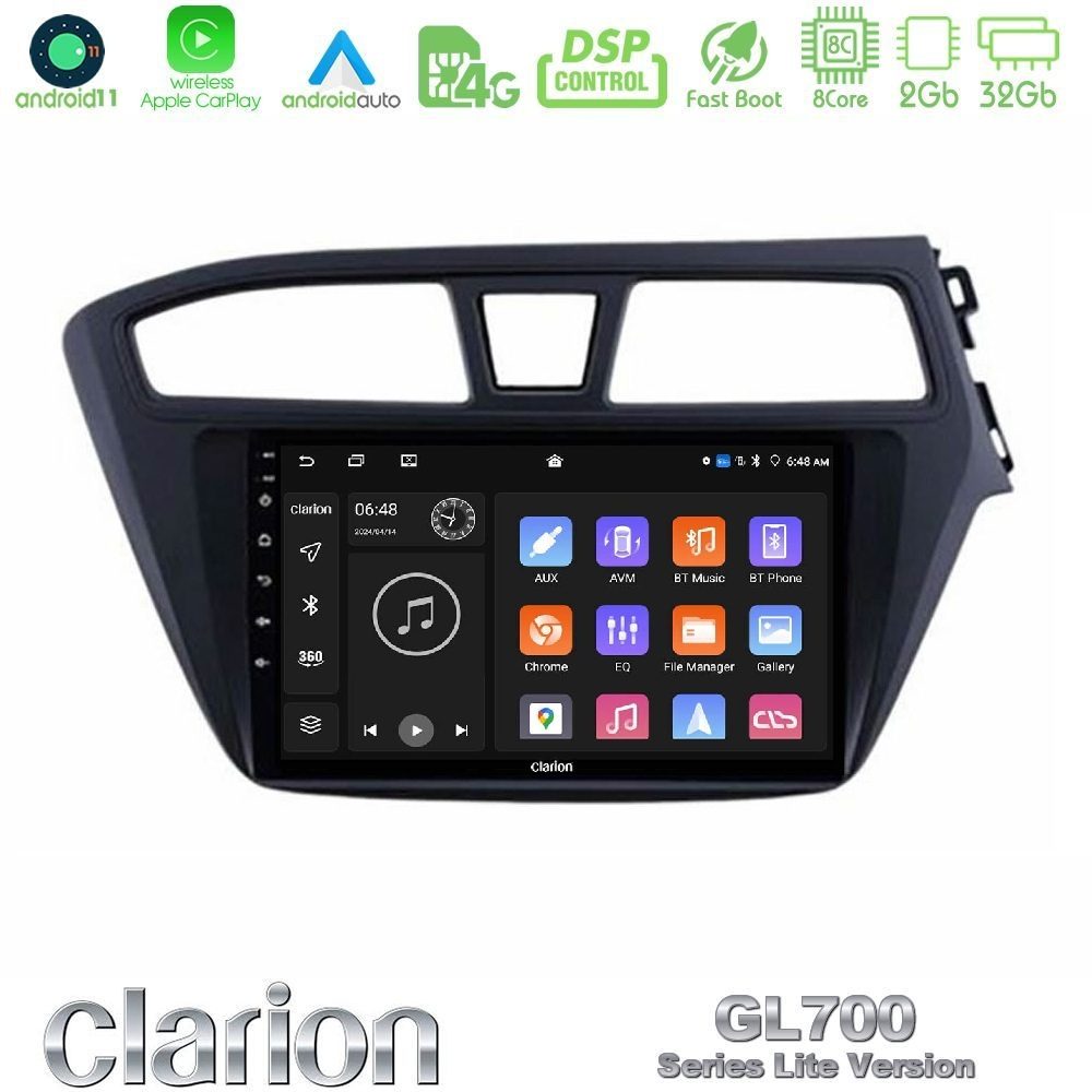 Clarion GL700 Lite Series 8Core Android11 2+32GB Hyundai i20 2014-2018 RHD Navigation Multimedia Tablet 9" Με Carplay & Android Auto
