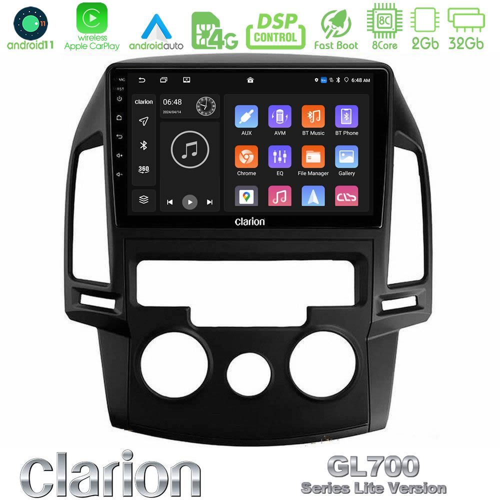 Clarion GL700 Lite Series 8Core Android11 2+32GB Hyundai i30 2007-2012 Manual A/C Navigation Multimedia Tablet 9" Με Carplay & Android Auto