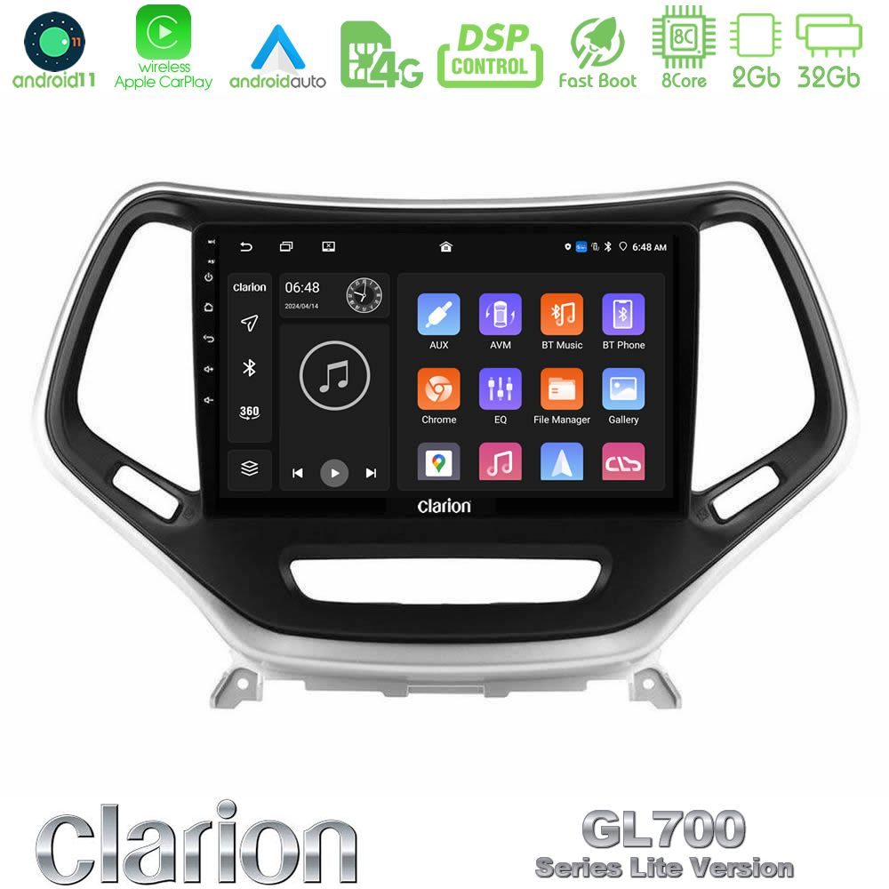 Clarion GL700 Lite Series 8Core Android11 2+32GB Jeep Cherokee 2014-2019 Navigation Multimedia Tablet 9" (Ασημί Χρώμα) Με Carplay & Android Auto