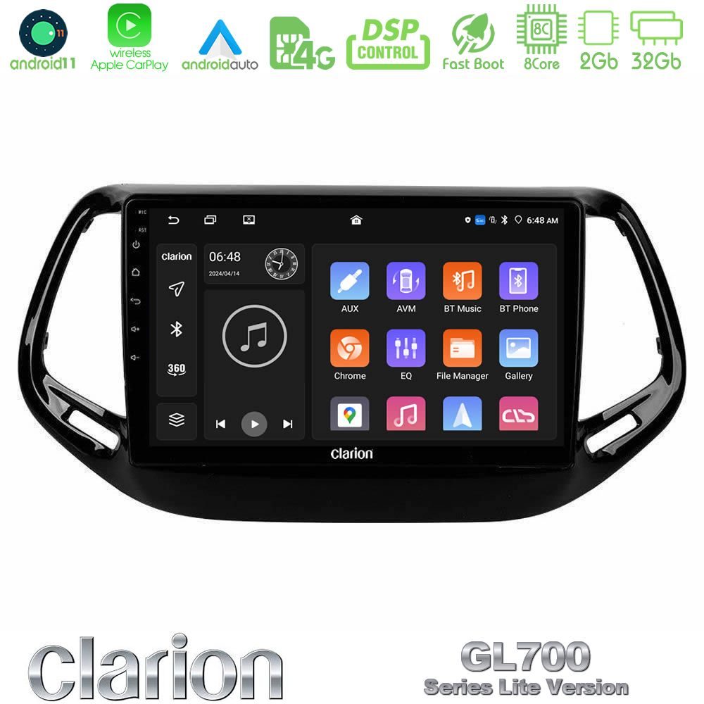 Clarion GL700 Lite Series 8Core Android11 2+32GB Jeep Compass 2017> Navigation Multimedia Tablet 10" Με Carplay & Android Auto