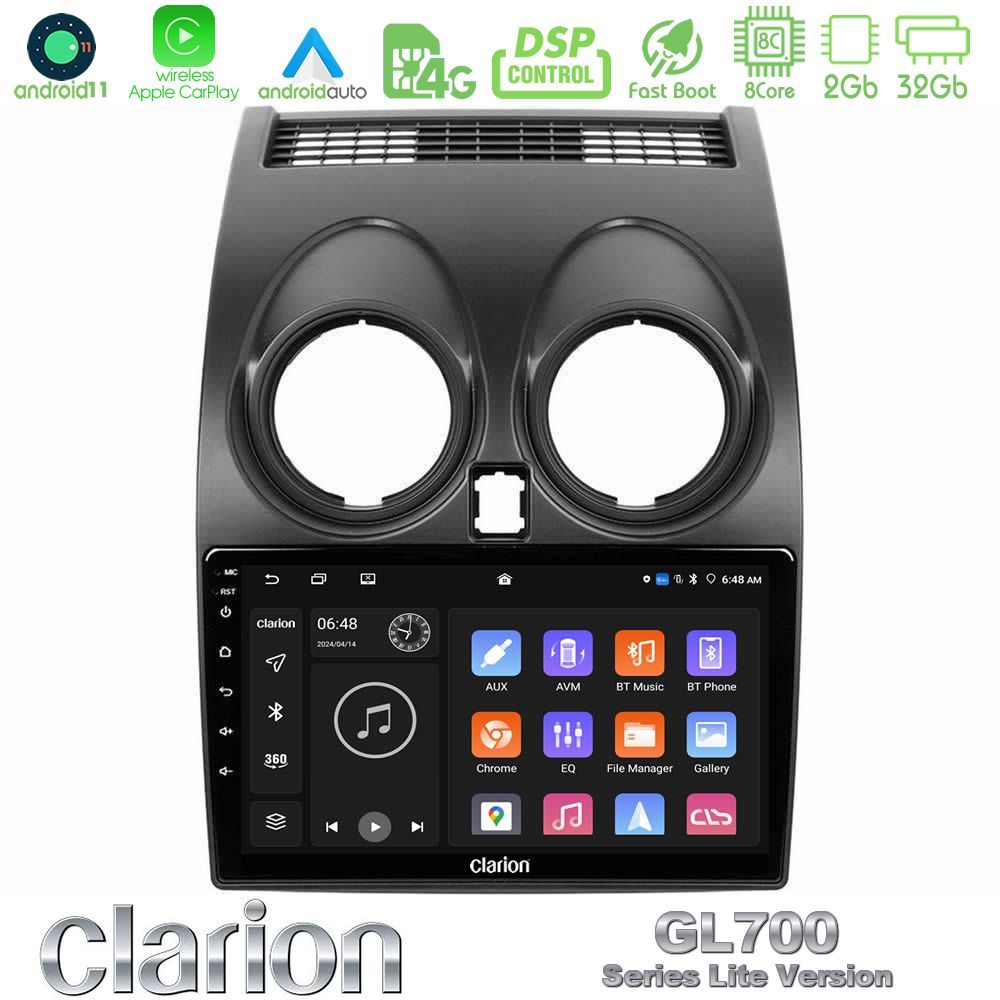 Clarion GL700 Lite Series 8Core Android11 2+32GB Nissan Qashqai J10 Navigation Multimedia Tablet 9" Με Carplay & Android Auto