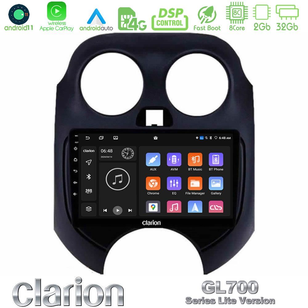 Clarion GL700 Lite Series 8Core Android11 2+32GB Nissan Micra 2011-2014 Navigation Multimedia Tablet 9" Με Carplay & Android Auto