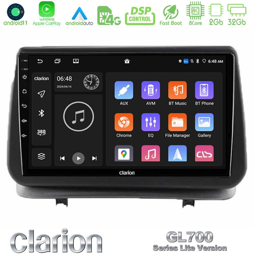 Clarion GL700 Lite Series 8Core Android11 2+32GB Renault Clio 2005-2012 Navigation Multimedia Tablet 9" Με Carplay & Android Auto