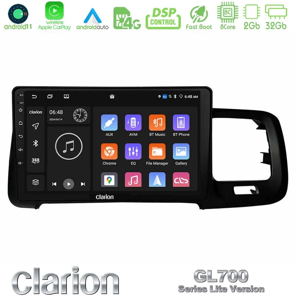 Clarion GL700 Lite Series 8Core Android11 2+32GB Volvo S60 2010-2018 Navigation Multimedia Tablet 9" Με Carplay & Android Auto