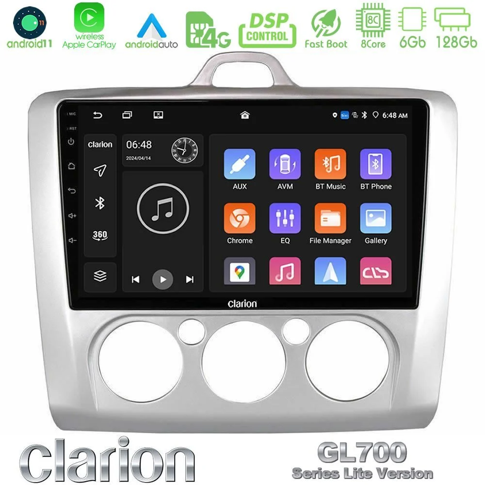 Clarion GL700 Lite Series 8Core Android11 6+128GB Ford Focus Manual AC Navigation Multimedia Tablet 9" Με Carplay & Android Auto