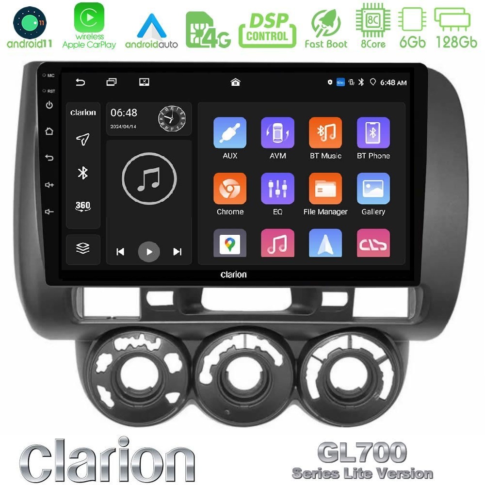 Clarion GL700 Lite Series 8Core Android11 6+128GB Honda Jazz (Fit) 2002-2008 (RHD) Manual A/C Navigation Multimedia Tablet 9" Με Carplay & Android Auto
