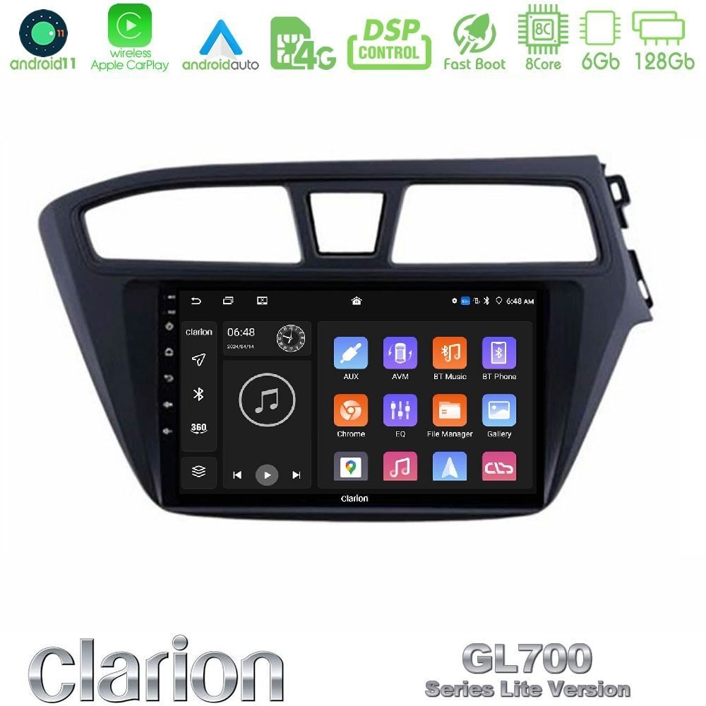 Clarion GL700 Lite Series 8Core Android11 6+128GB Hyundai i20 2014-2018 RHD Navigation Multimedia Tablet 9" Με Carplay & Android Auto