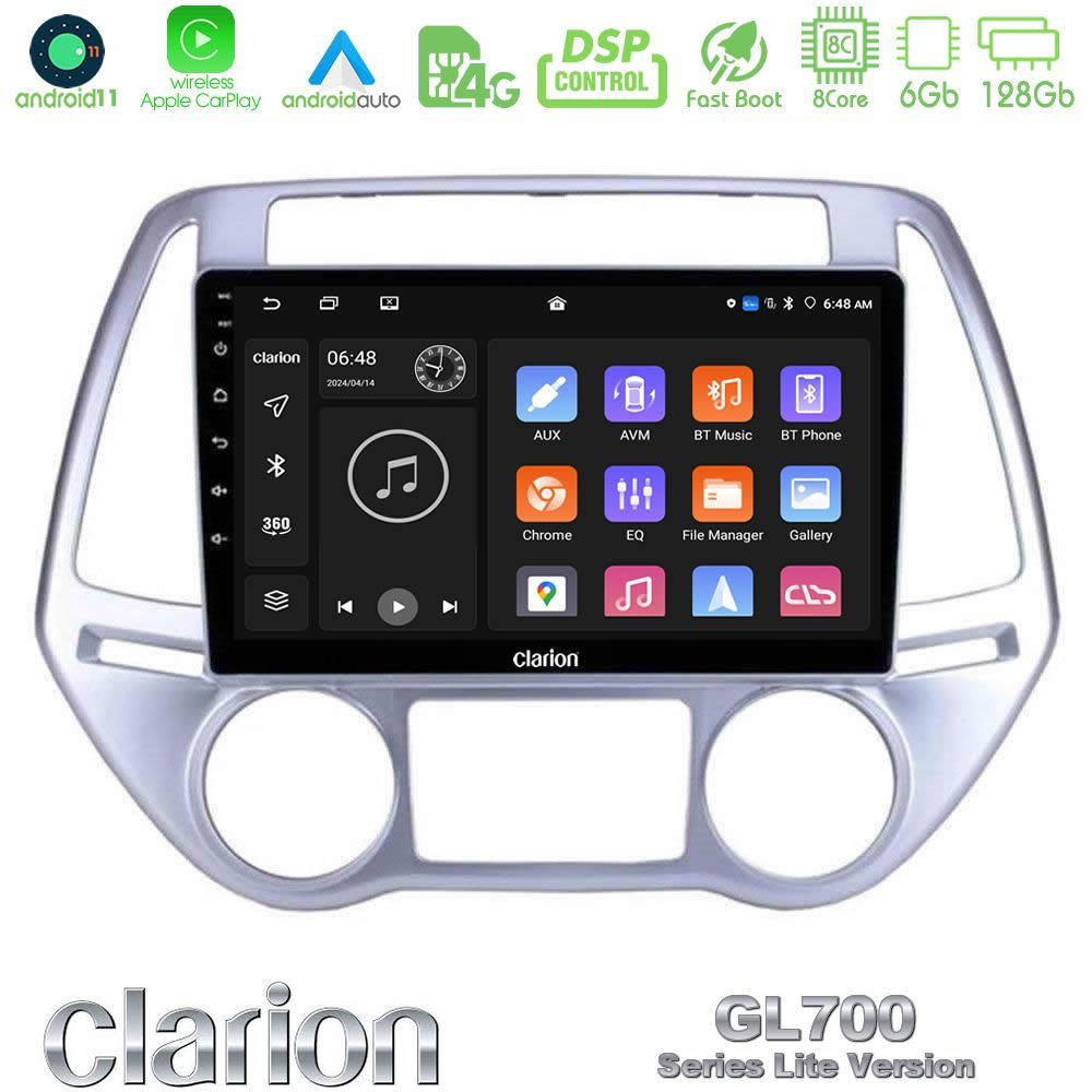 Clarion GL700 Lite Series 8Core Android11 6+128GB Hyundai i20 2012-2014 Navigation Multimedia Tablet 9" Με Carplay & Android Auto