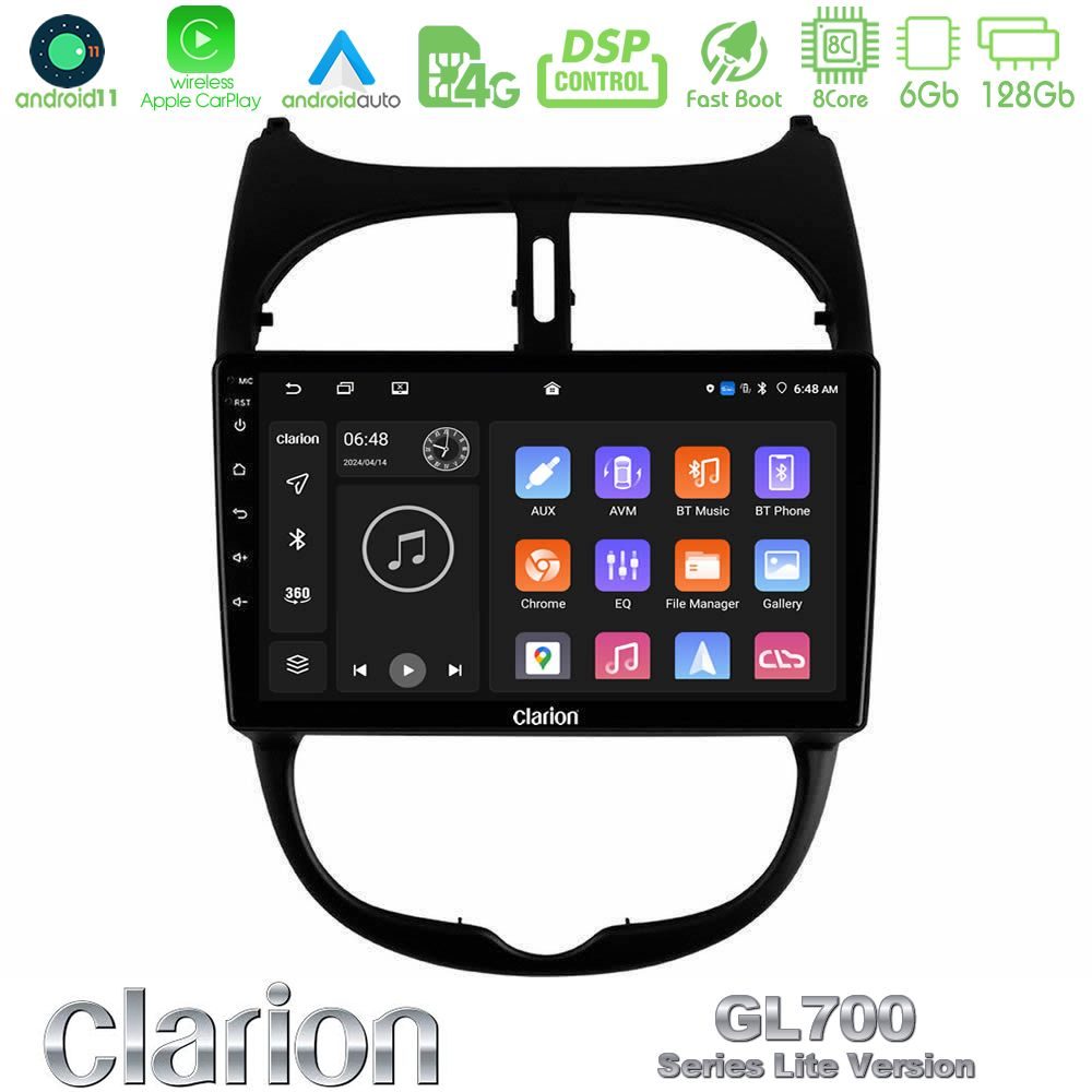 Clarion GL700 Lite Series 8Core Android11 6+128GB Peugeot 206 Navigation Multimedia Tablet 9" Με Carplay & Android Auto